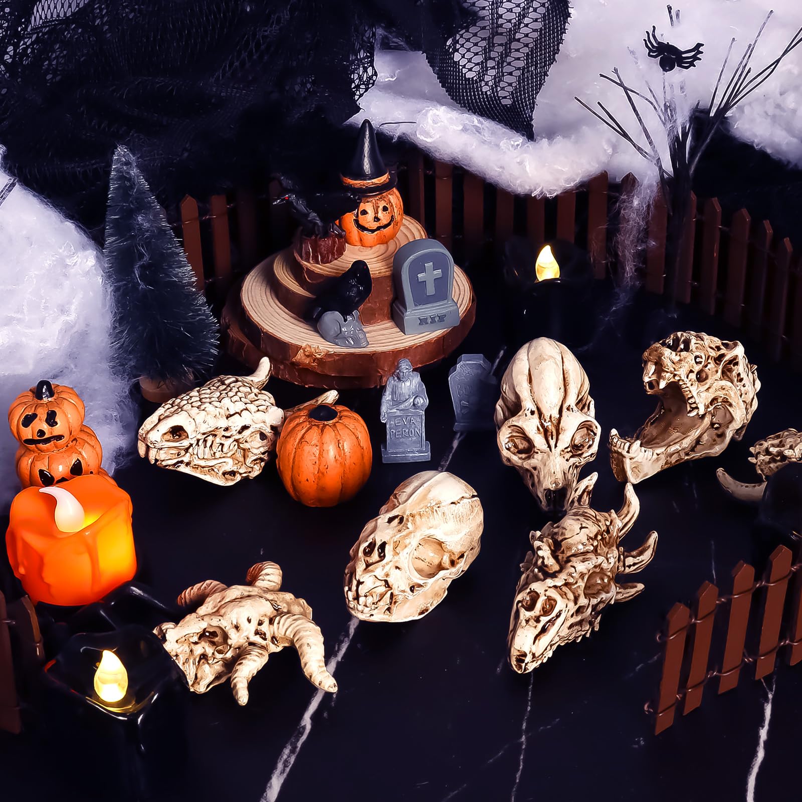 ハロウィン動物置物セット Amazon.co.jp: Bbiamsleep 8個 2.3インチ 動物の頭蓋骨 置物 樹脂